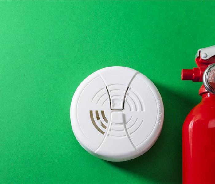 A fire extinguisher, and fire alarm laying on a green backgruond. 